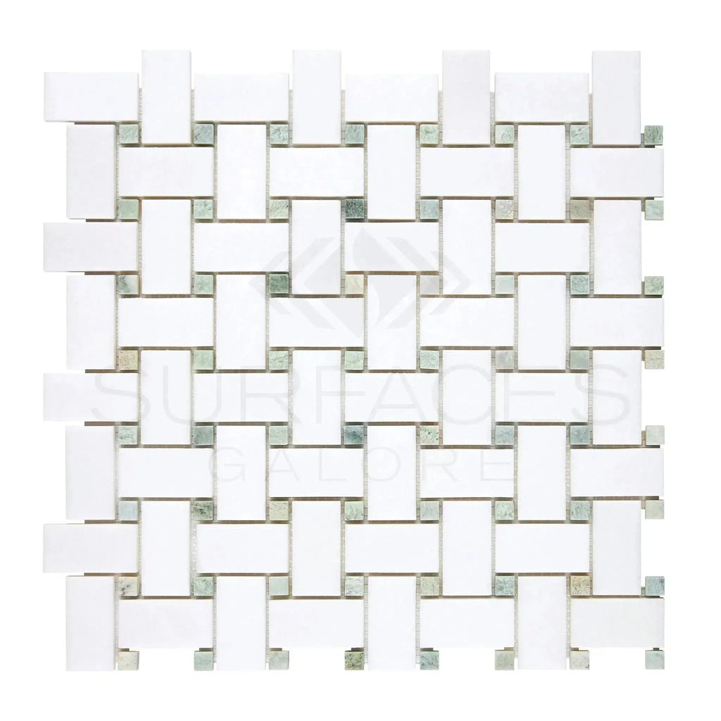 White and gray woven mosaic tile in Thassos White Basketweave Mosaic Marble design