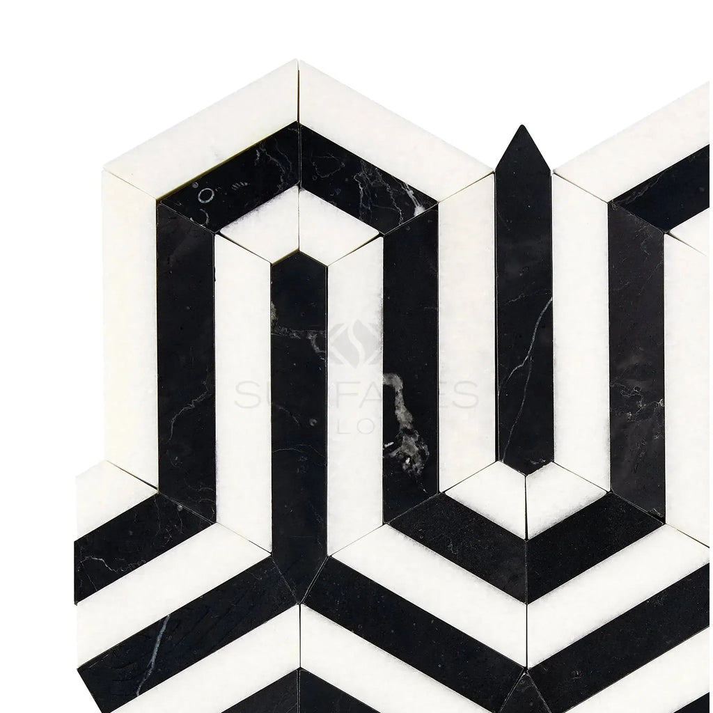 Black and white geometric tile pattern of Thassos White Berlinetta Design Mosaic Marble