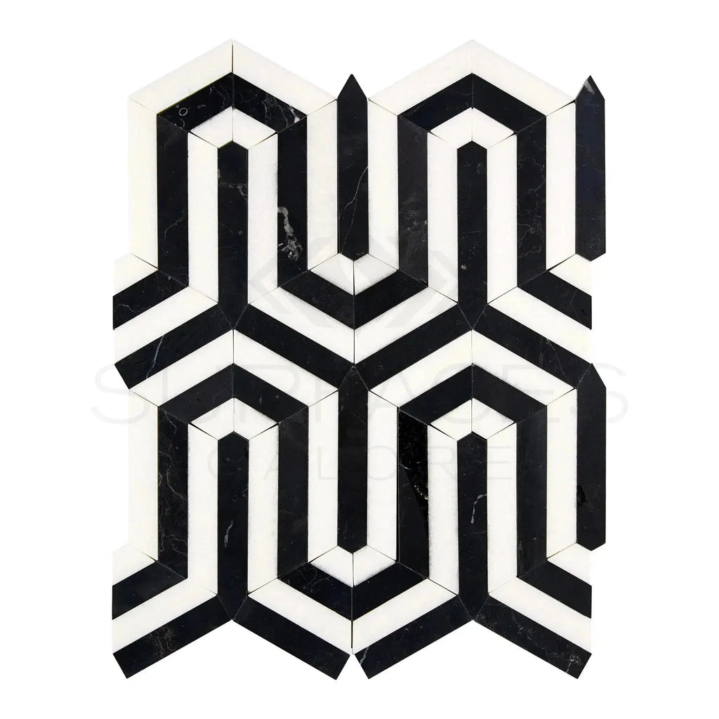 Black and white geometric tile pattern in Thassos White Berlinetta Design Mosaic