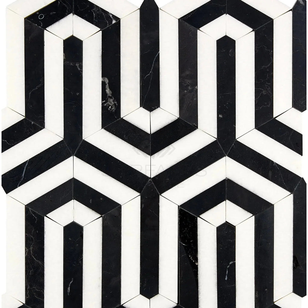 Black and white geometric tile pattern in Thassos White Berlinetta Design Mosaic Marble