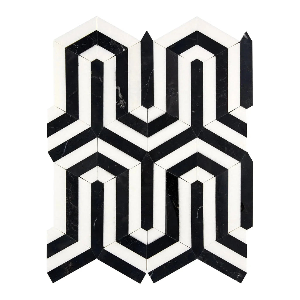 Black and white geometric tile pattern of Thassos White Berlinetta Design Mosaic Marble