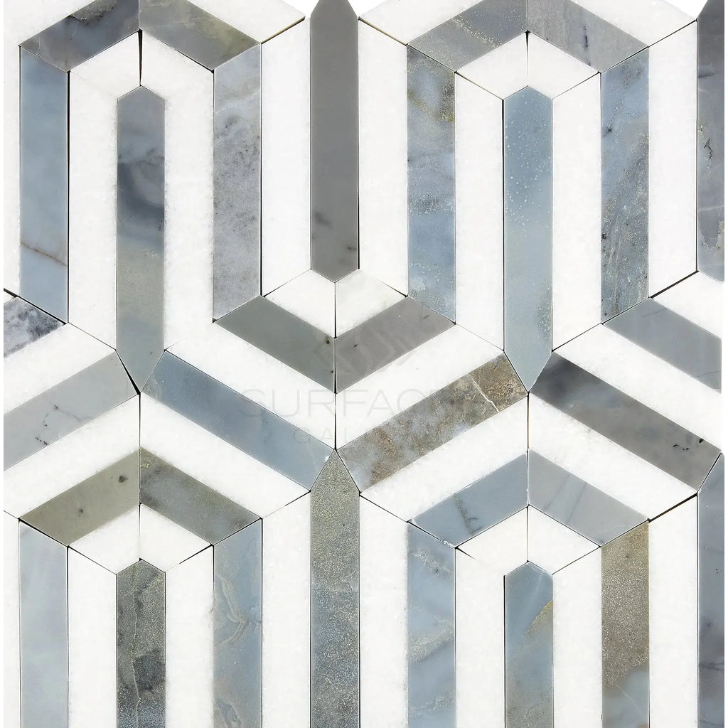 Geometric marble tile pattern in Thassos White Berlinetta Mosaic with Blue-Gray accents