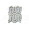 Geometric marble mosaic tile in Thassos White Berlinetta design with blue-gray accents