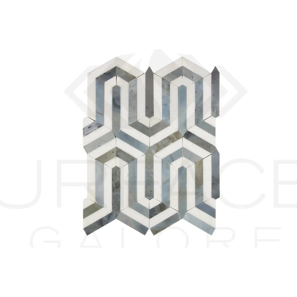 Geometric marble mosaic tile in Thassos White Berlinetta design with blue-gray accents