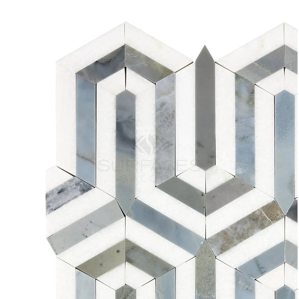 Hexagonal marble mosaic tile in Thassos White Berlinetta Design with Blue-Gray accents