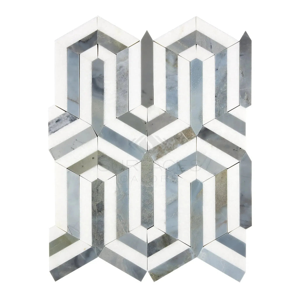 Geometric marble tile pattern in Thassos White Berlinetta Design with Blue-Gray accents