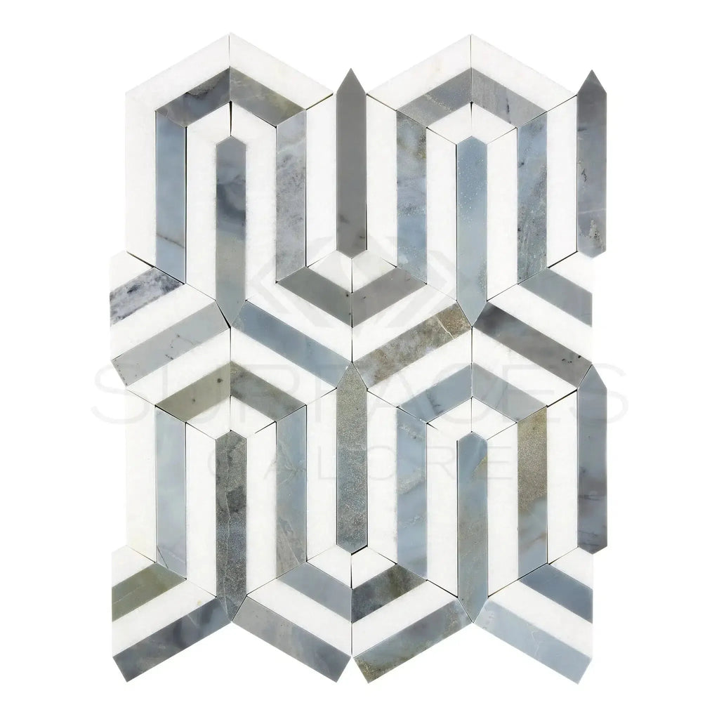 Hexagonal marble mosaic tile in Thassos White Berlinetta Design with Blue-Gray accents