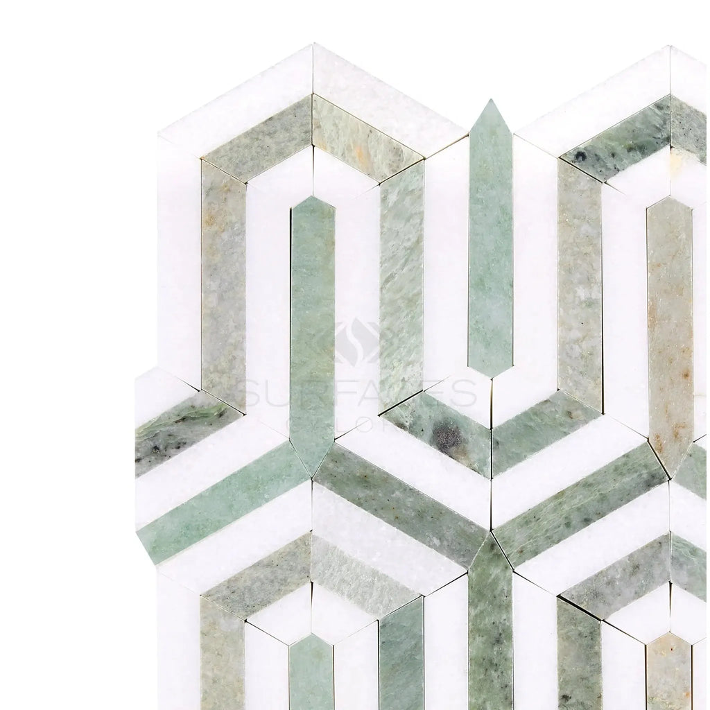 Geometric marble tile pattern featuring Thassos White Berlinetta Design with Ming-Green