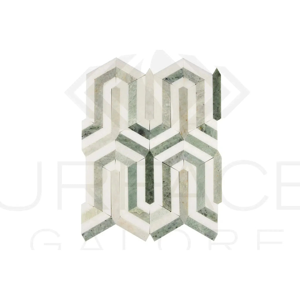 Geometric marble mosaic tile in Thassos White Berlinetta design with Ming Green accents