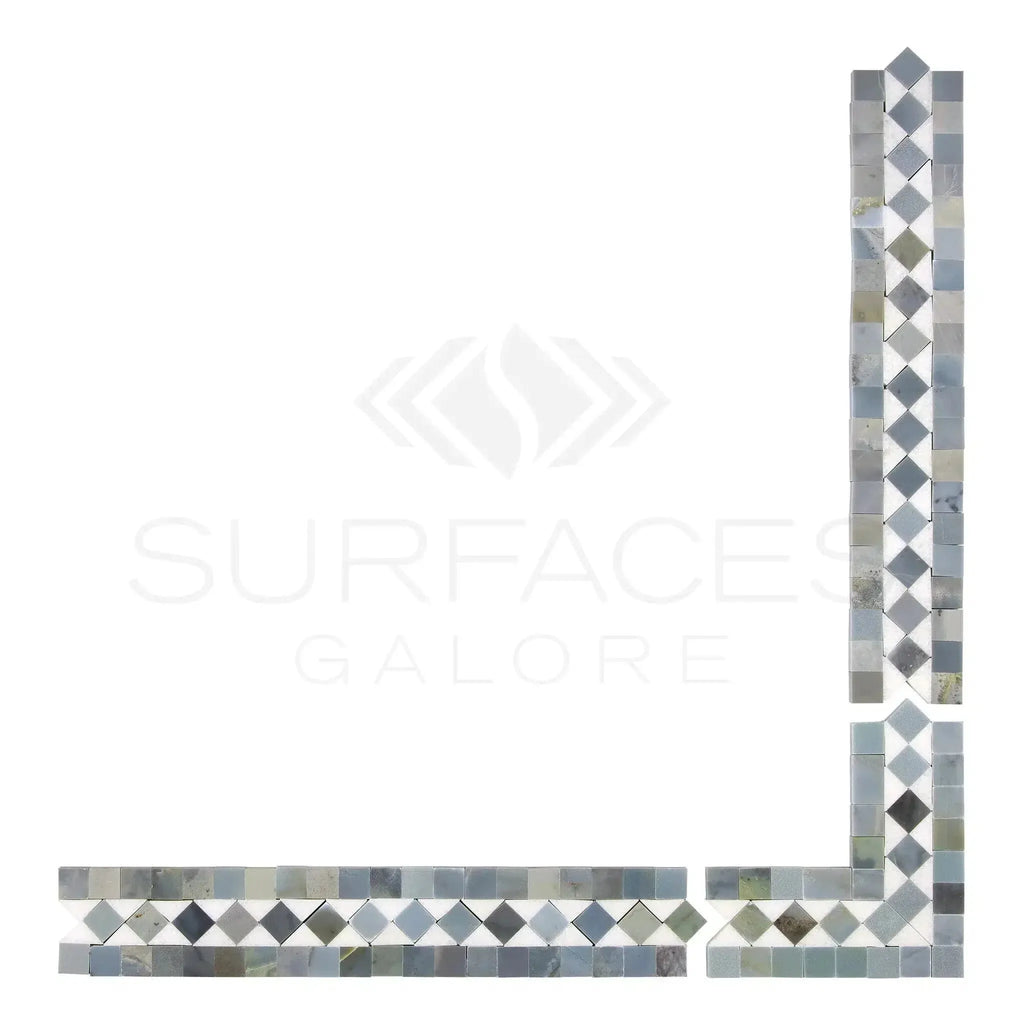 Mosaic tile border featuring Thassos White BIAS Corner with Blue-Gray Marble finish