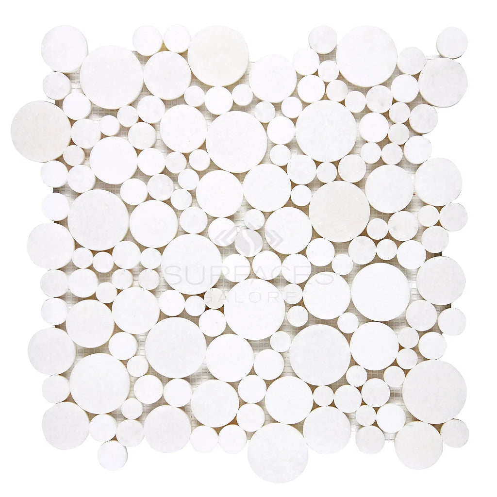 Thassos White Bubbles Mosaic Marble in polished and honed circular tile design