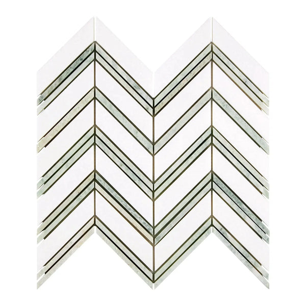 Chevron patterned tile mosaic in Thassos White and Ming-Green polished marble