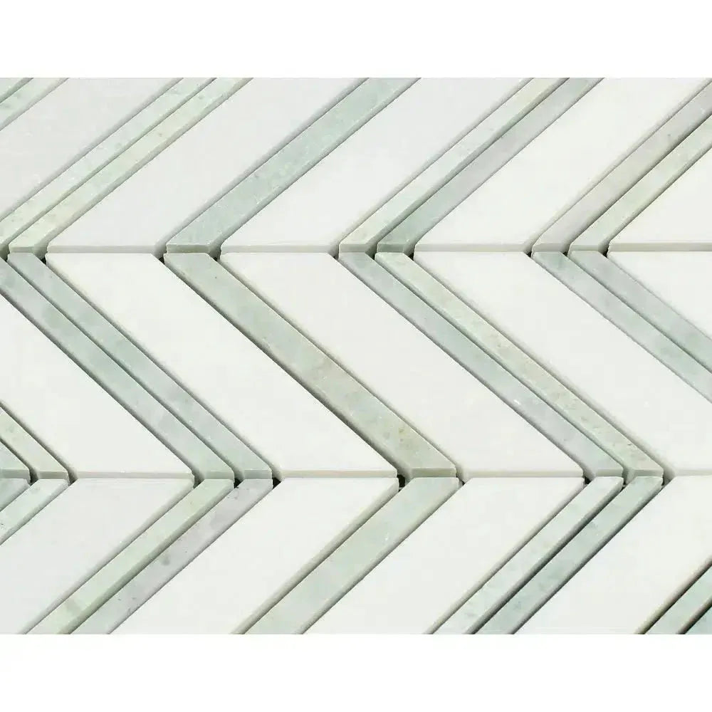 Thassos White Chevron Large Mosaic Marble Tile with Ming Green Polished Finish