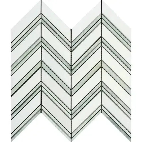 Thassos White Chevron Large Mosaic Marble Tile with Ming Green Polished or Honed Finish