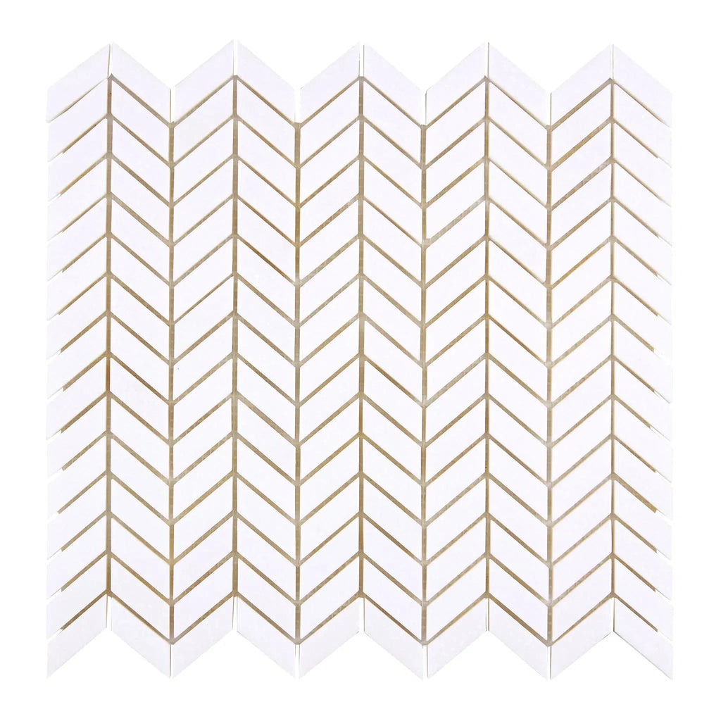 Thassos White Chevron Mini Mosaic Marble in polished or honed finish displayed elegantly