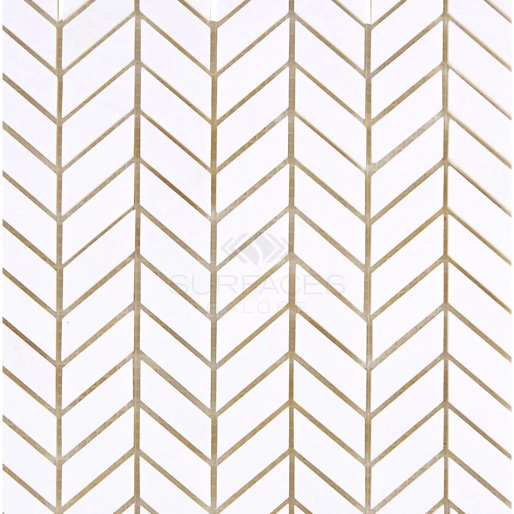 White and gold chevron pattern in Thassos White Chevron Mini Mosaic Marble design