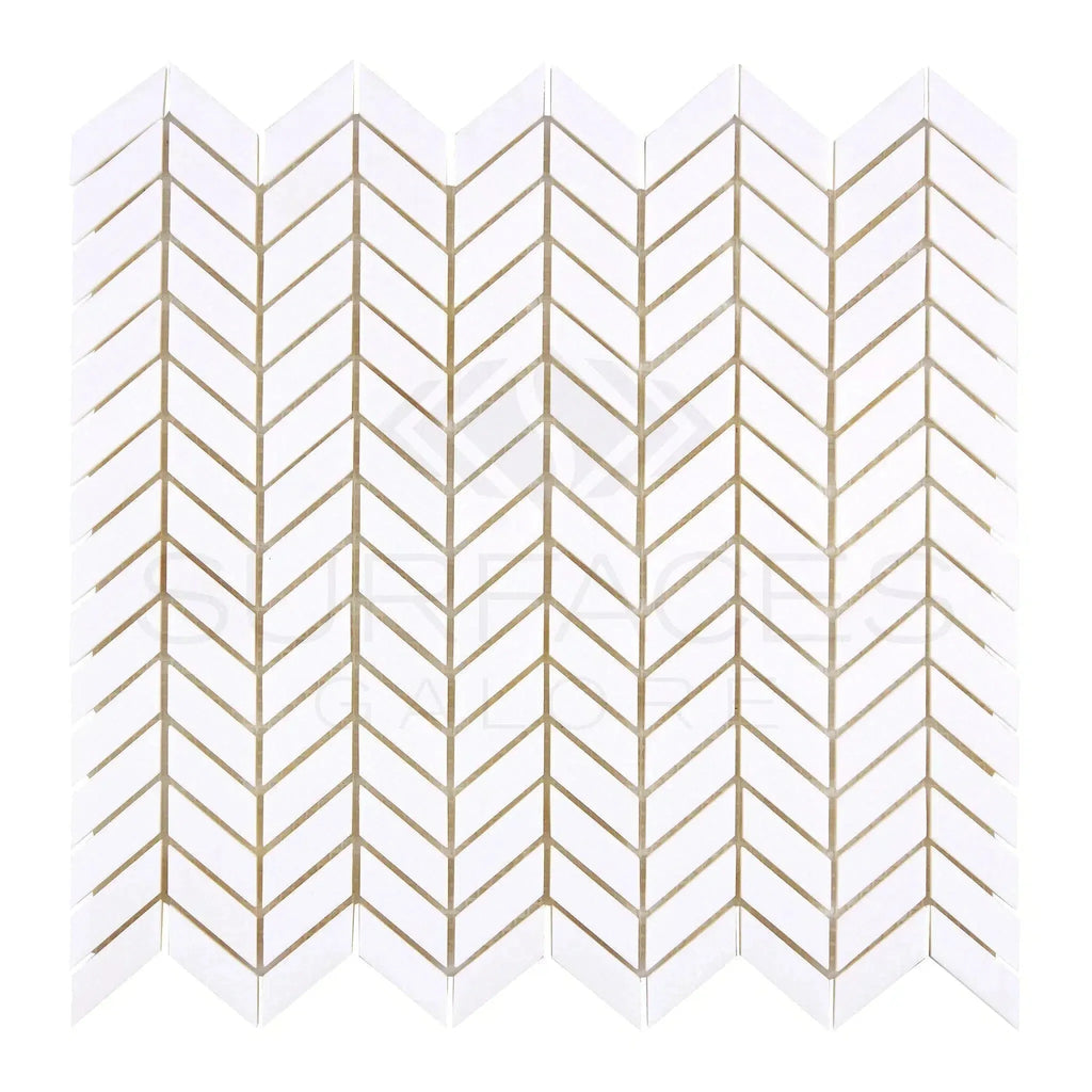 Thassos White Chevron Mini Mosaic Marble in polished or honed finish for elegant decor