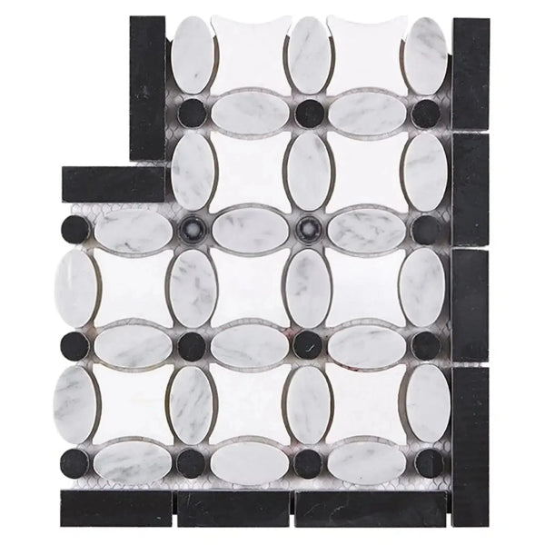 Thassos White Florida Flower Border Corner Marble Tile with Black Border Detail