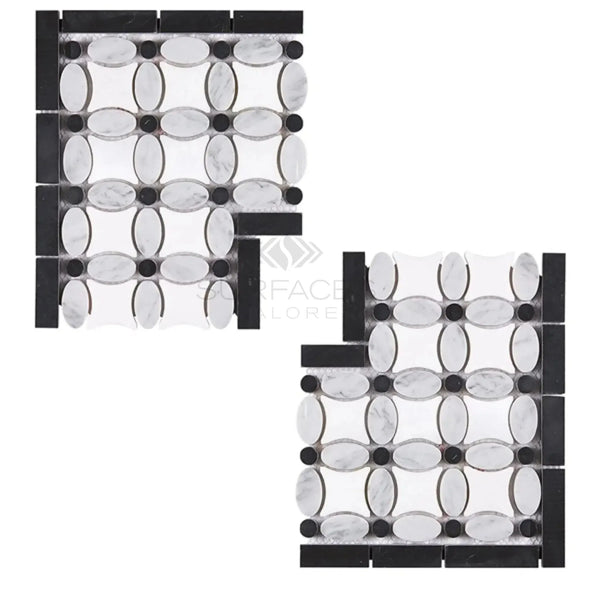 Black and white mosaic tile sheets for Thassos White Florida Flower Border corner marble