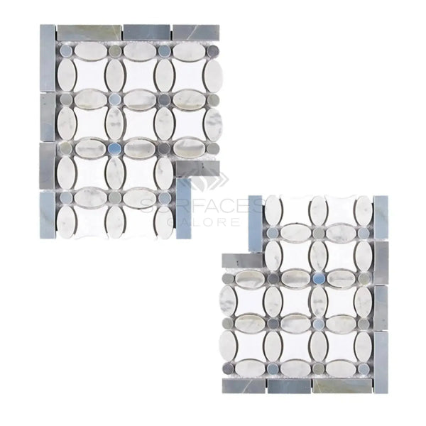 Two mosaic tile sheets featuring Thassos White Florida Flower Border in Blue-Gray