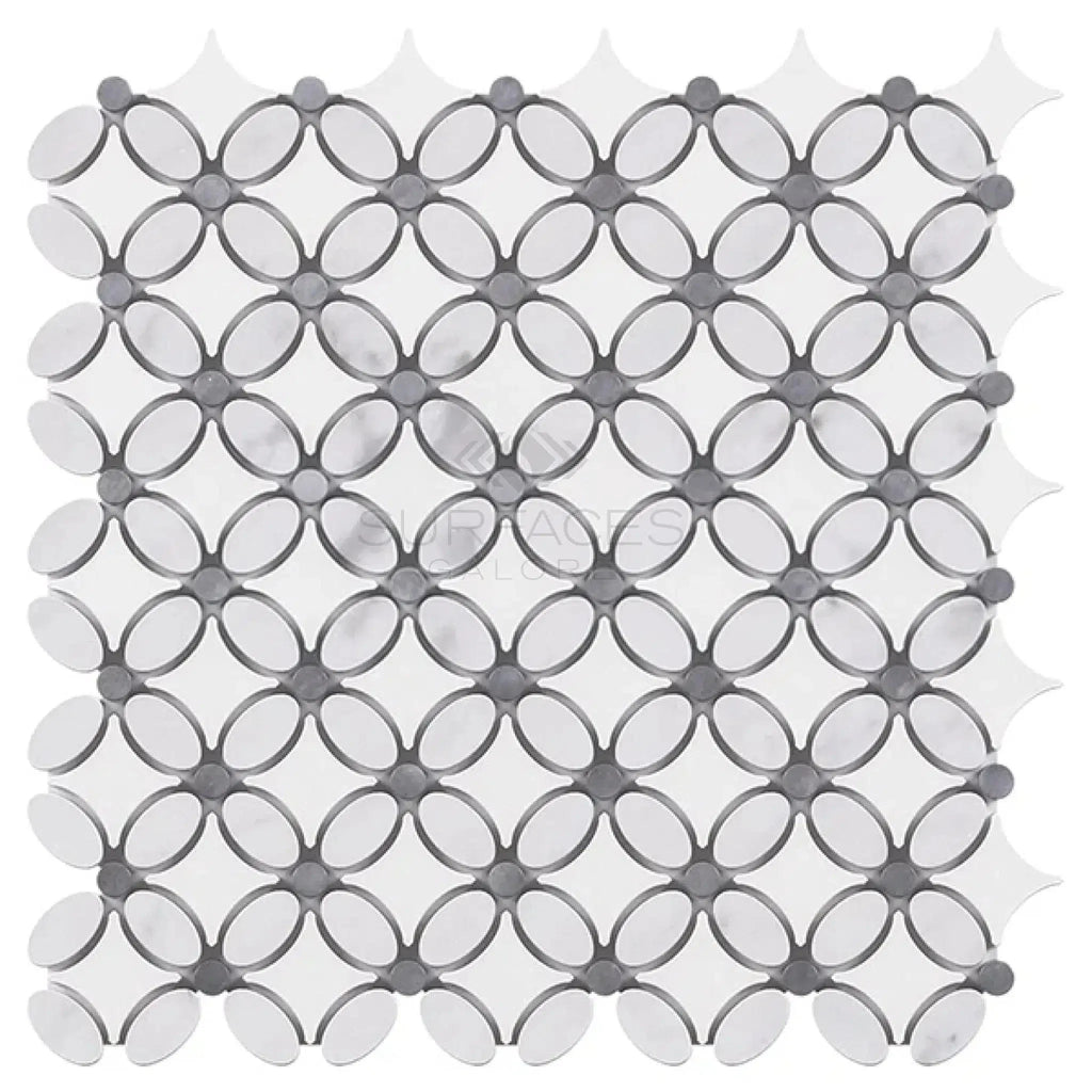 Gray and white mosaic tile pattern from Thassos White Florida Flower Mosaic product