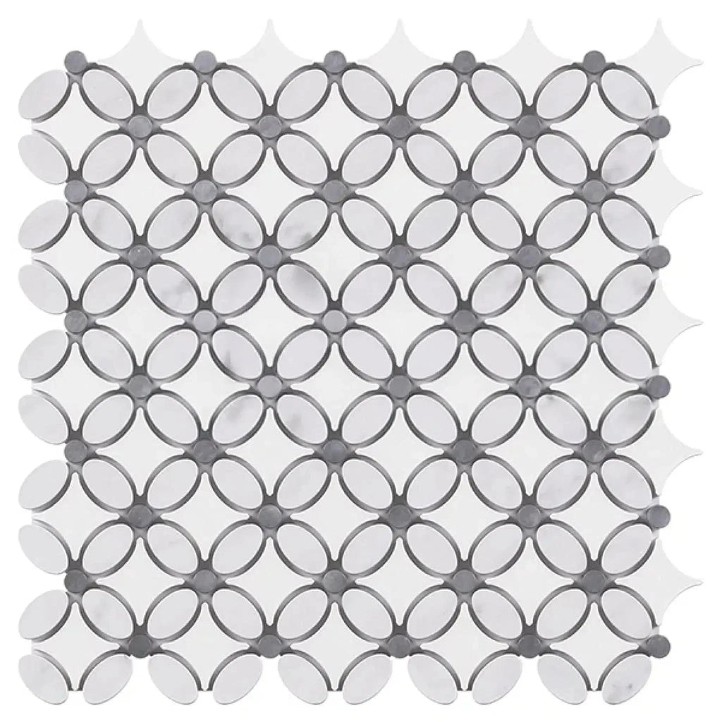 Gray and white mosaic tile pattern of Thassos White Florida Flower Marble