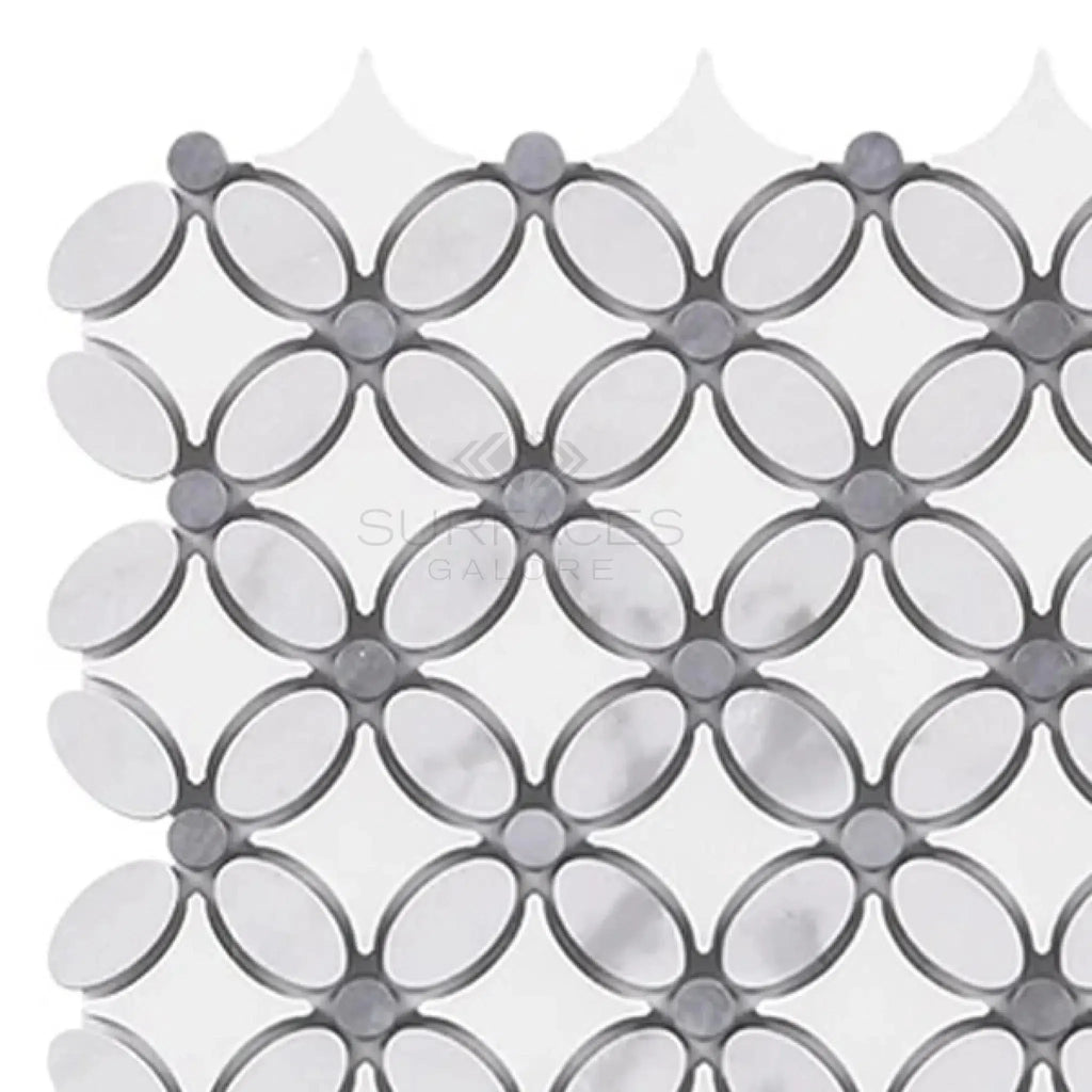 Interlocking marble and metal mosaic tile of Thassos White Florida Flower design