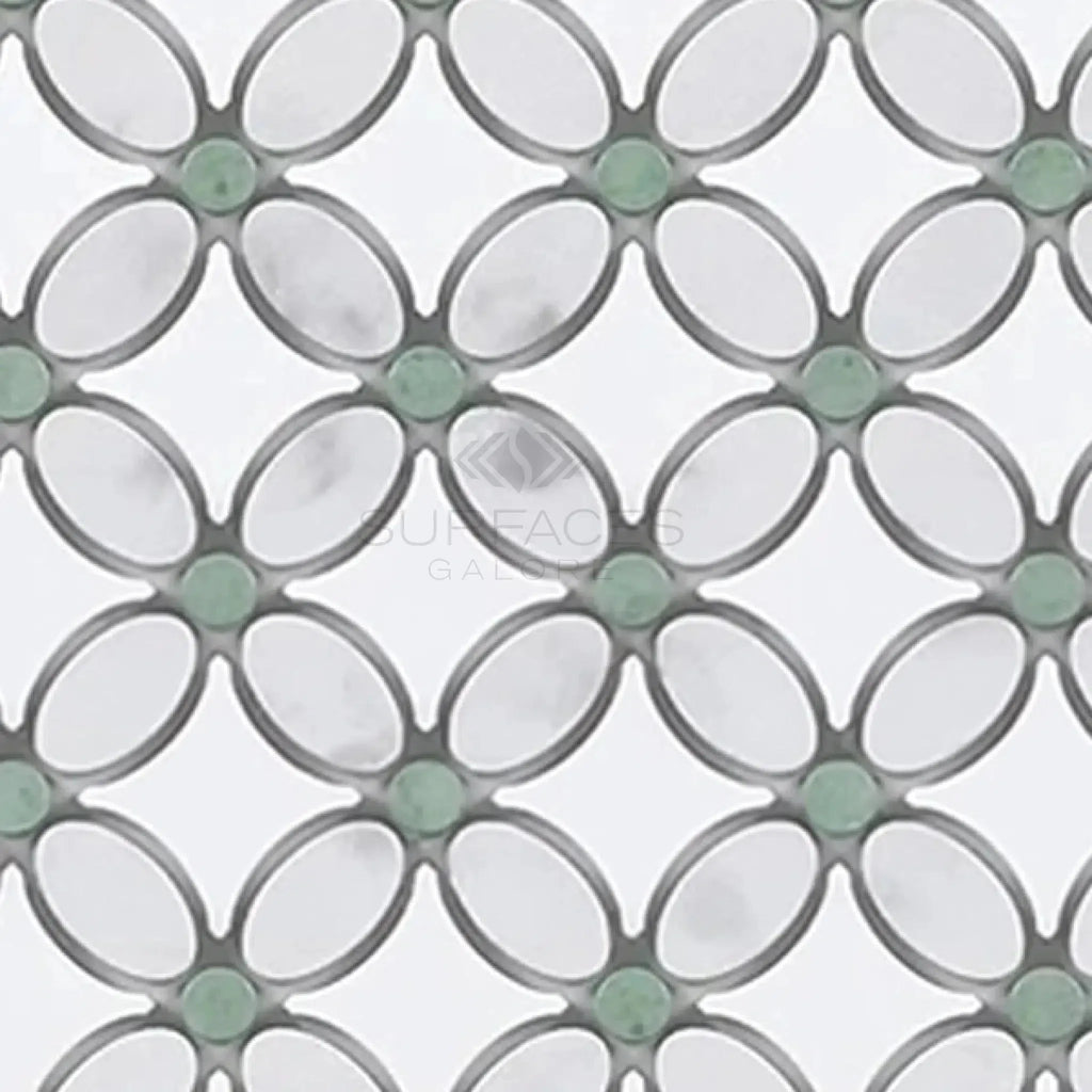 Interlocking oval and circular tile pattern in Thassos White Florida Flower Mosaic marble