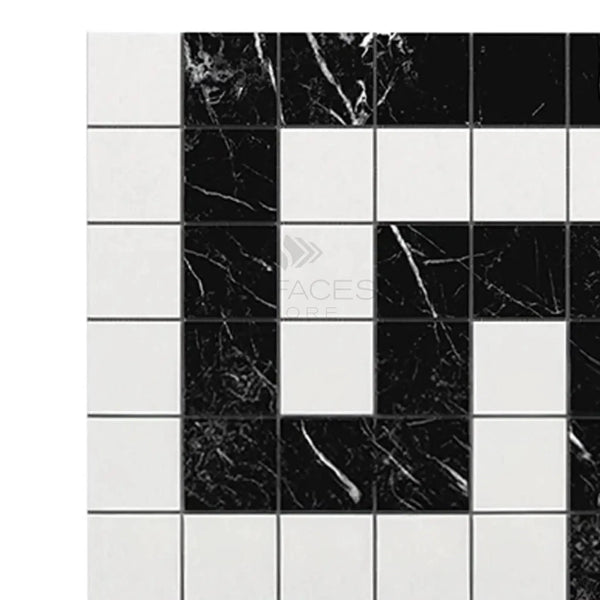 Black and white checkered tile pattern in Thassos White Greek Key Border Marble