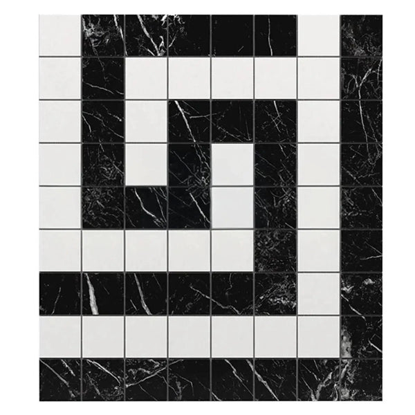 Black and white mosaic tile pattern in Thassos White Greek Key Border Corner Marble