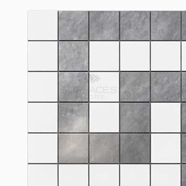 Gray and white checkered tile pattern in Thassos White Greek Key Border marble design