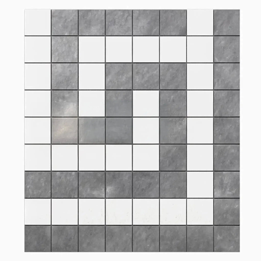 Square mosaic tile pattern of Thassos White Greek Key Border Corner in Blue-Gray marble