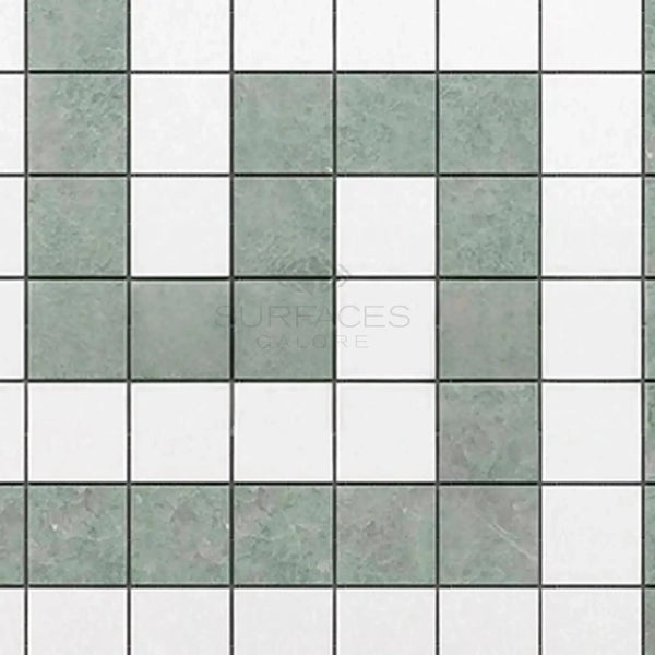 Green and white checkered tile pattern in Thassos White Greek Key Border Marble