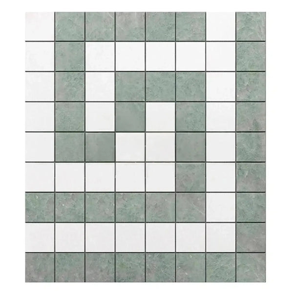 Thassos White Greek Key Border Corner Marble Tile with Ming-Green Polished Pattern