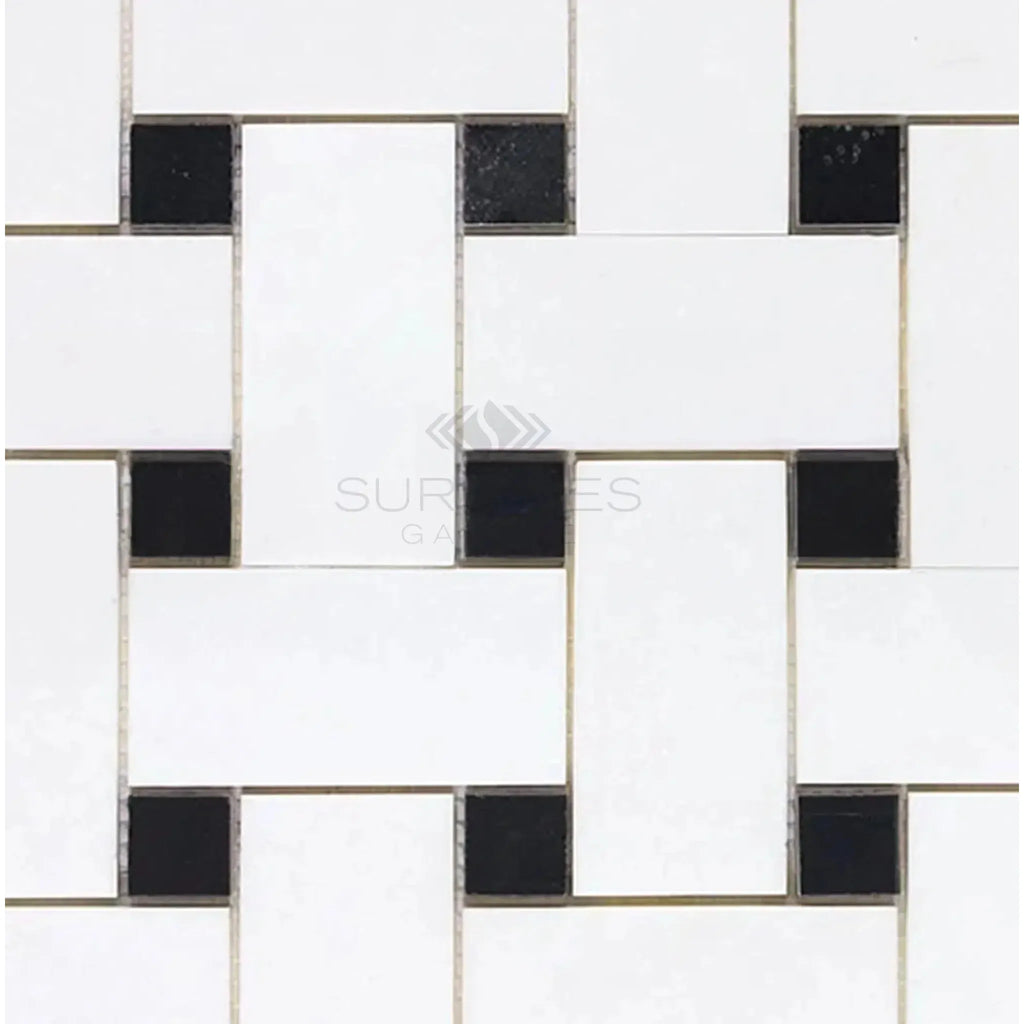 Black and white tile pattern in Thassos White Large Basketweave Mosaic Marble