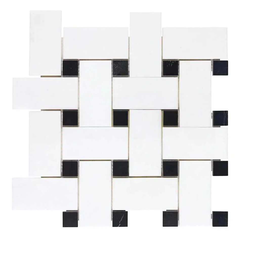 Woven white and black tile mosaic from Thassos White Large Basketweave Marble collection