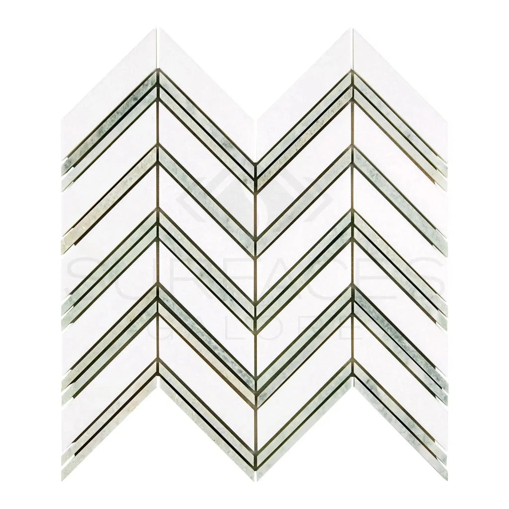 Chevron patterned mosaic tile in Thassos White Large Chevron marble polished or honed