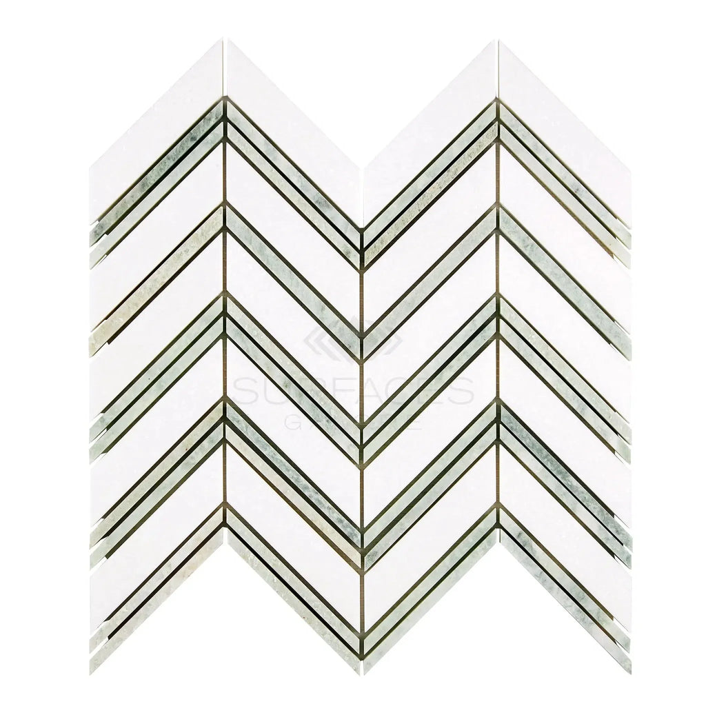 Chevron patterned tile mosaic in Thassos White Large Chevron Mosaic Marble design