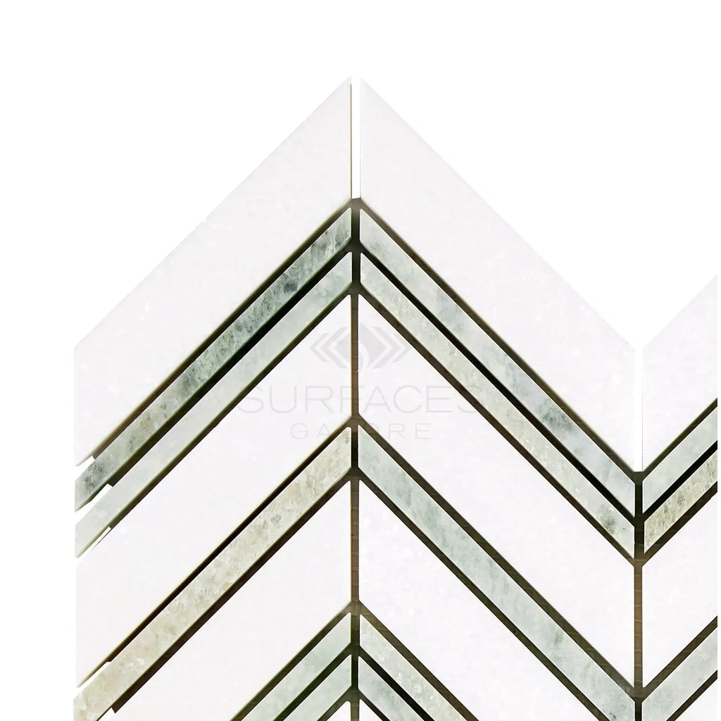 Thassos White Large Chevron Mosaic Marble Tile in polished and honed finish