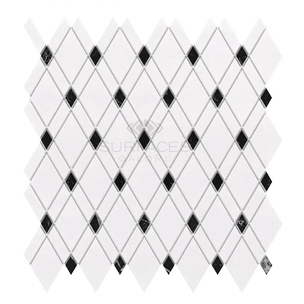 Diamond-patterned mosaic tile sheet in Thassos White Lattice Marble design