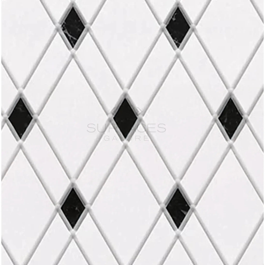 Diamond-patterned Thassos White Lattice Mosaic Marble tile with black accents