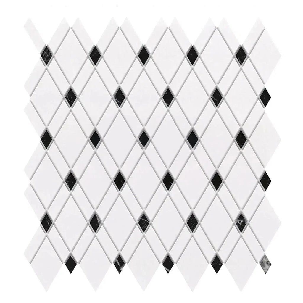 Diamond-patterned mosaic tile sheet featuring Thassos White Lattice in polished marble