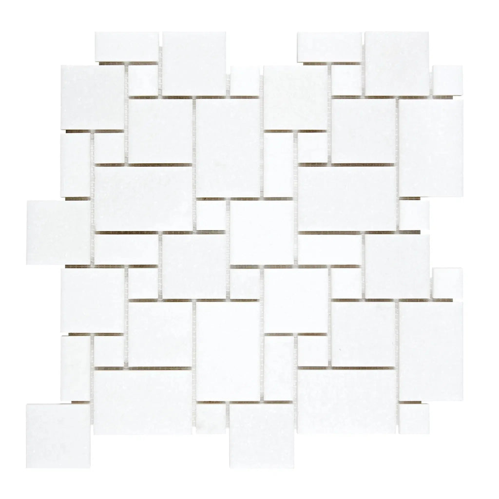 Thassos White Mini-Versailles Pattern Mosaic Marble showcasing a white mosaic tile design