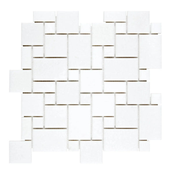 Thassos White Mini-Versailles Pattern Mosaic Marble showcasing a white mosaic tile design