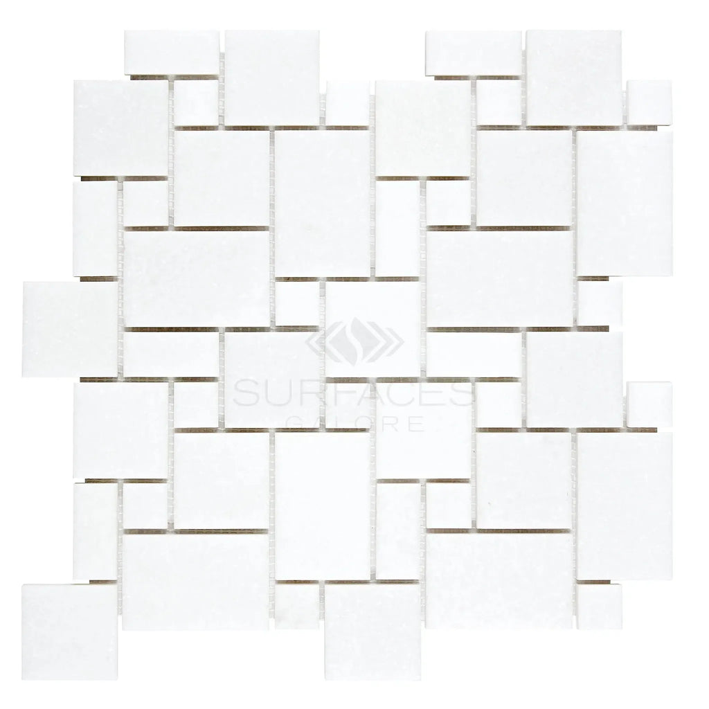 White mosaic tile sheet of Thassos White Mini-Versailles Pattern Marble, polished or honed