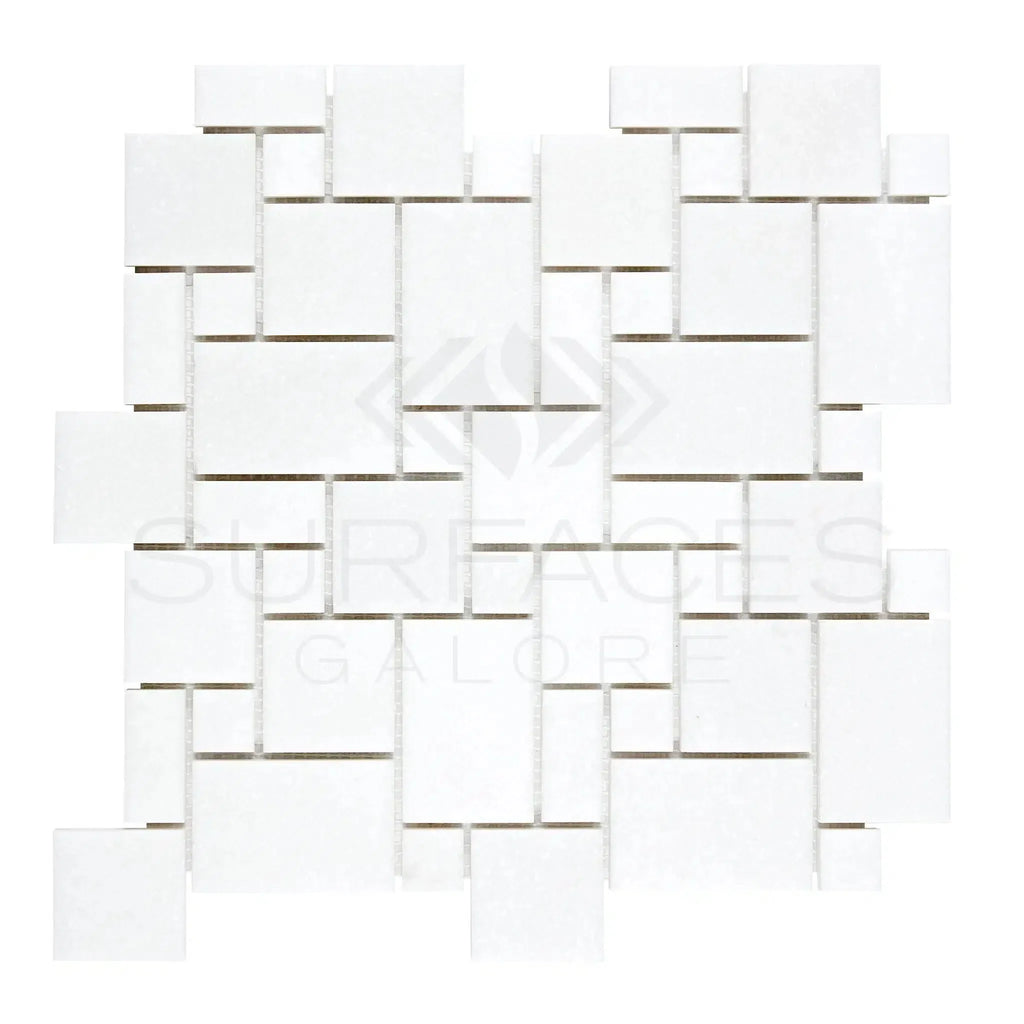 White mosaic tile sheet of Thassos White Mini-Versailles Pattern Marble