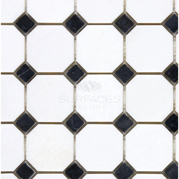 Black and white tile pattern of Thassos White Octagon Mosaic Marble polished or honed