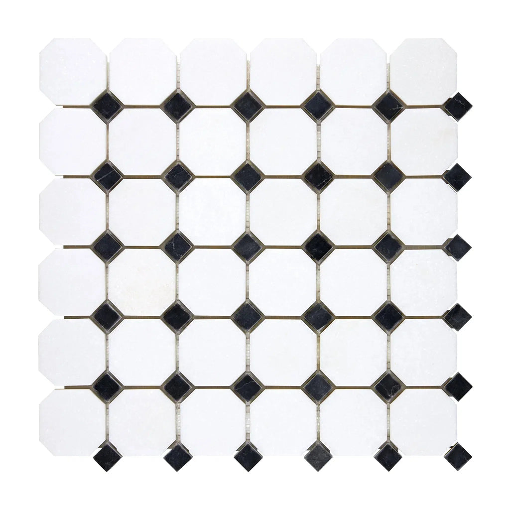 Thassos White Octagon and Diamond Mosaic Tile Pattern in Polished or Honed Finish