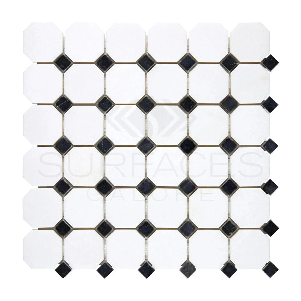 Thassos White Octagon and diamond tile pattern in polished or honed marble finish