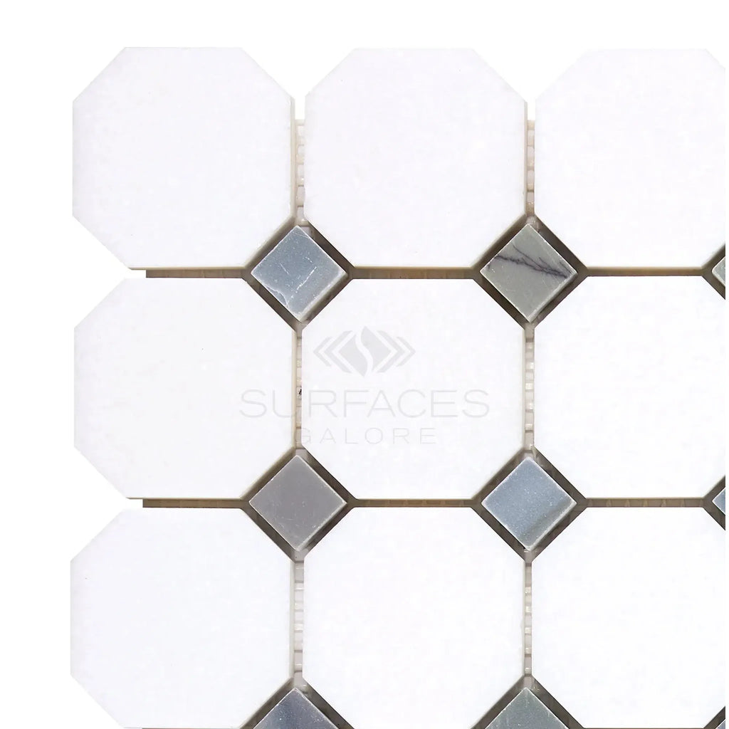 Thassos White Octagon and Blue-Gray Diamond Tile Mosaic Marble Design